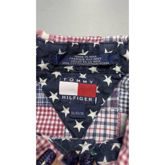 Vintage 90s Tommy Hilfiger American Plaid Patchwork July 4th USA Shacket Crop XL - Picture 10 of 14